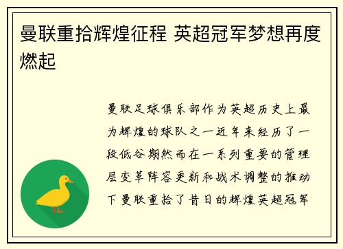 曼联重拾辉煌征程 英超冠军梦想再度燃起