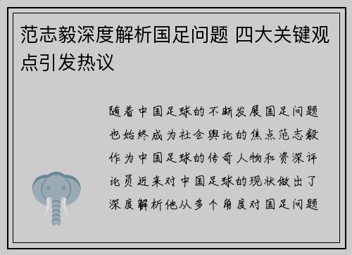 范志毅深度解析国足问题 四大关键观点引发热议 范志毅深度解析国足问题 四大关键观点引发热议