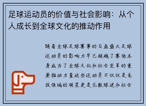 足球运动员的价值与社会影响:从个人成长到全球文化的推动作用 足球运动员的价值与社会影响:从个人成长到全球文化的推动作用